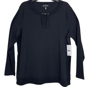 NWT Rafaella XL Black Sweater Top Gold Accent Keyhole Scoop Neck Ribbed Hem